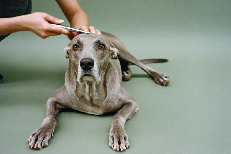 A relaxed older dog resting after its groom