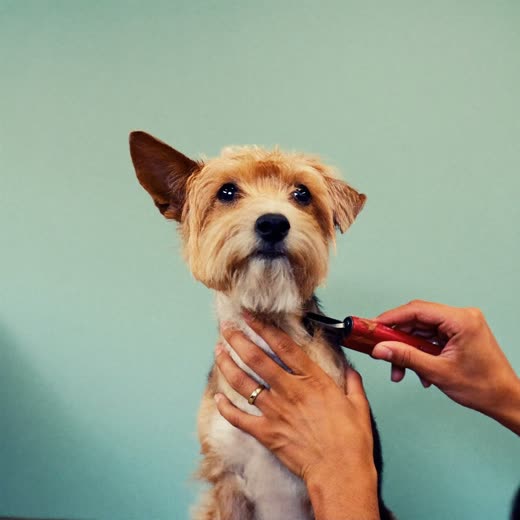 A small terrier being clipped by a groomer's hands